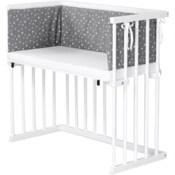 Dreamgood Co-sleeper Beuken Wit Gelakt | Matras Prime Air | Nest, Ruit Grijs Gevlekt Sterren Wit